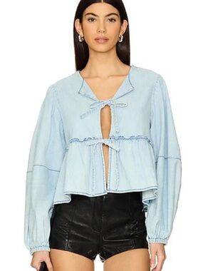 Free People Light Blue Tie-Front Peasant Tunic